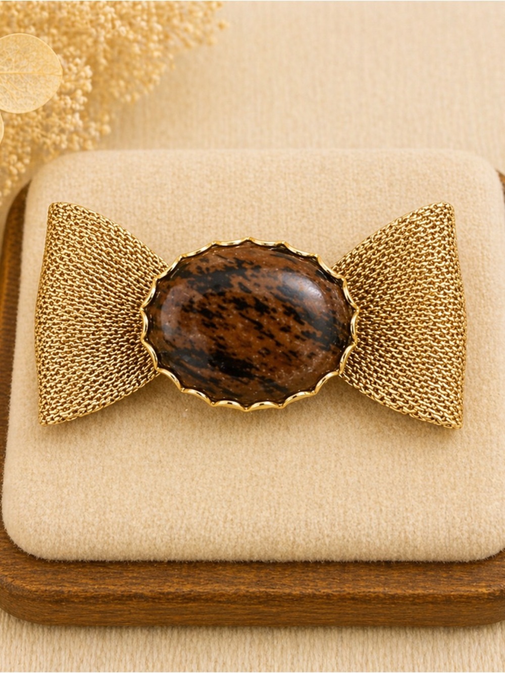 Vintage Gold Tone Bow with Faux Gemstone Center Black Brown Brooch